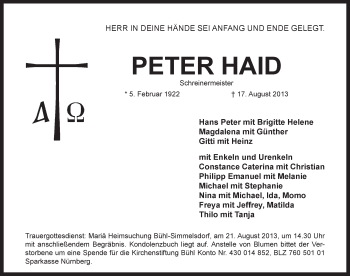 Traueranzeige von Peter Haid von Pegnitz-Zeitung
